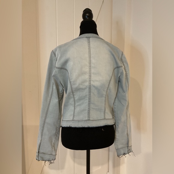 Sandwich_ Collarless  blue Denim  jacket with frayed edges and pockets. - Picture 3 of 8